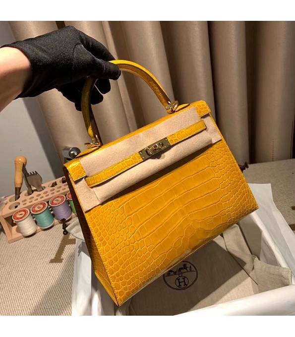 Hermes Birkin 25cm Bag Amber Yellow Real Croc Leather Golden Metal