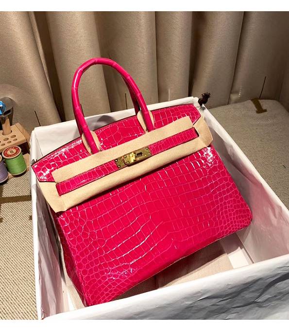 Hermes Birkin 30cm Bag Rose Red Real Croc Leather Golden Metal