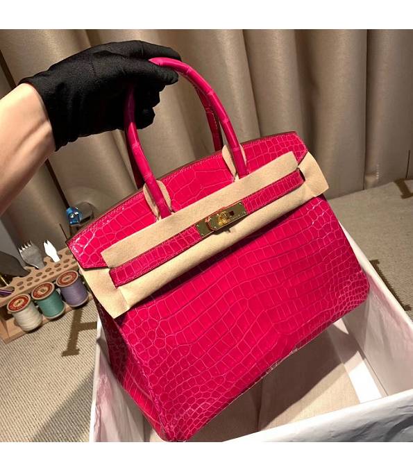 Hermes Birkin 30cm Bag Rose Red Real Croc Leather Golden Metal