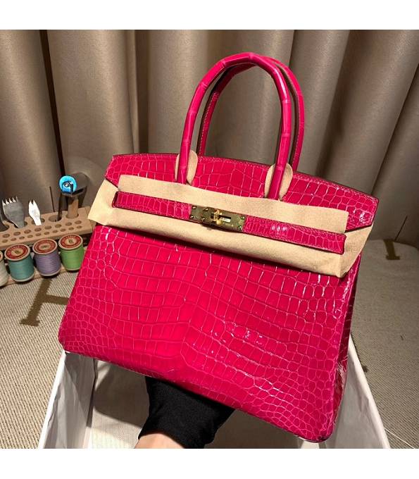 Hermes Birkin 30cm Bag Rose Red Real Croc Leather Golden Metal