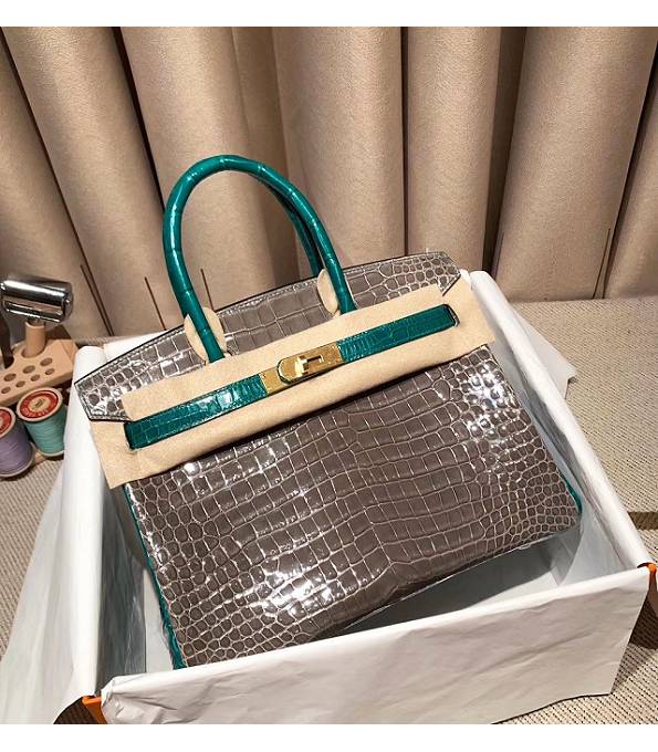 Hermes Birkin 30cm Bag Elephant Grey Real Croc Leather Golden Metal