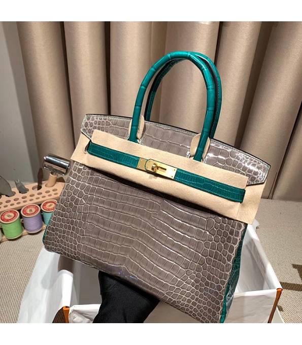 Hermes Birkin 30cm Bag Elephant Grey Real Croc Leather Golden Metal
