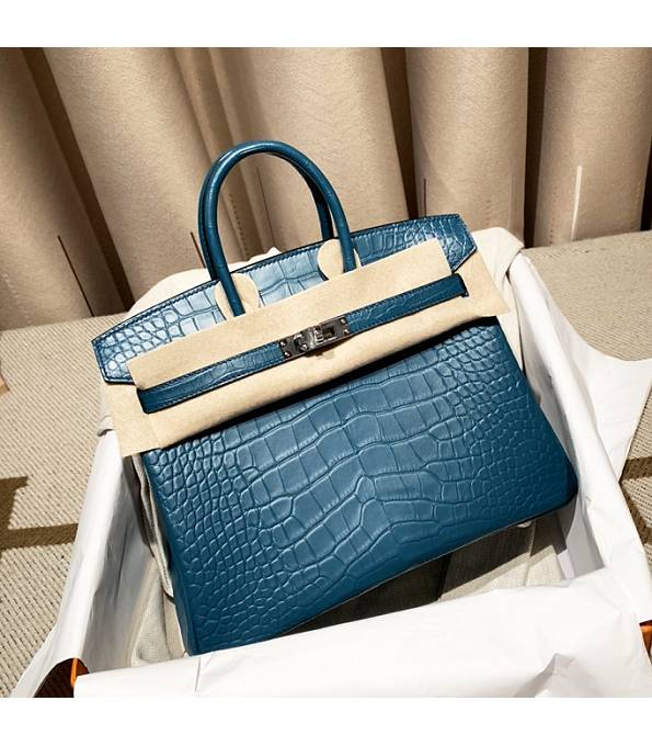 Hermes Birkin 25cm Bag Colvert Blue Real Croc Leather Silver Metal