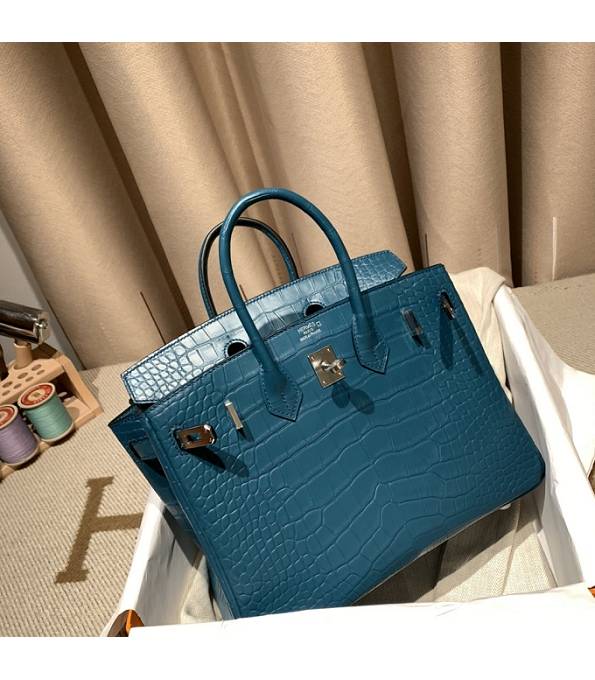Hermes Birkin 25cm Bag Colvert Blue Real Croc Leather Silver Metal