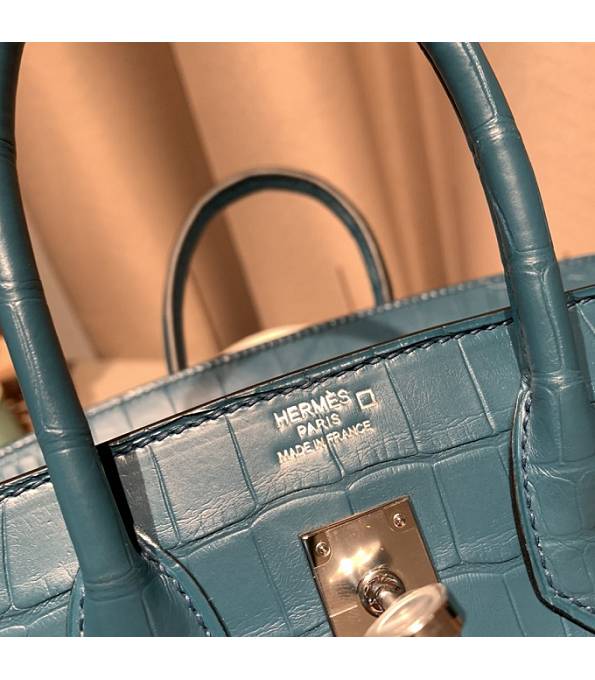 Hermes Birkin 25cm Bag Colvert Blue Real Croc Leather Silver Metal