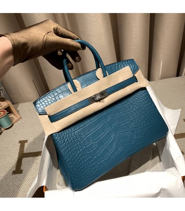 Hermes Birkin 25cm Bag Colvert Blue Real Croc Leather Silver Metal