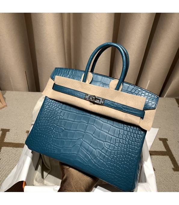 Hermes Birkin 25cm Bag Colvert Blue Real Croc Leather Silver Metal