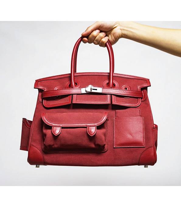 Hermes Cargo Birkin 35cm Bag Wine Red Canvas With Original Swift Calfskin Leather Silver Metal