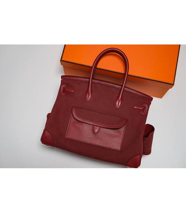 Hermes Cargo Birkin 35cm Bag Wine Red Canvas With Original Swift Calfskin Leather Silver Metal