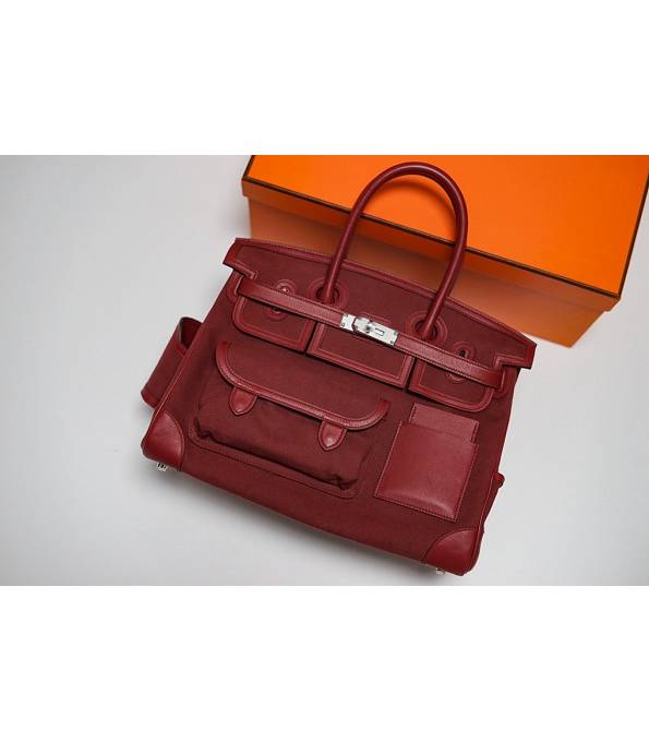 Hermes Cargo Birkin 35cm Bag Wine Red Canvas With Original Swift Calfskin Leather Silver Metal