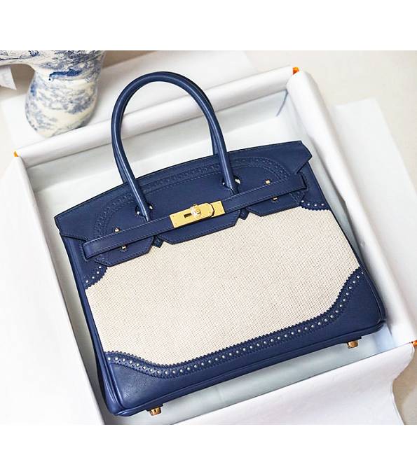 Hermes Birkin 30cm Bag Canvas With Blue Original Leather Golden Metal