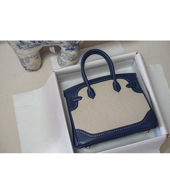 Hermes Birkin 30cm Bag Canvas With Blue Original Leather Golden Metal