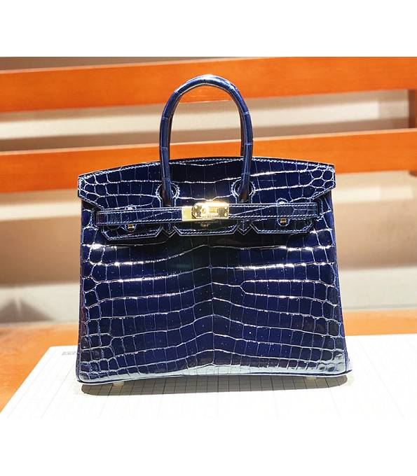 Hermes Birkin 25cm Bag Dark Blue Real Croc Leather Golden Metal