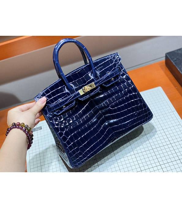 Hermes Birkin 25cm Bag Dark Blue Real Croc Leather Golden Metal