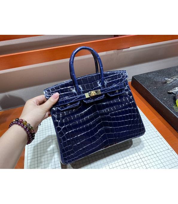 Hermes Birkin 25cm Bag Dark Blue Real Croc Leather Golden Metal