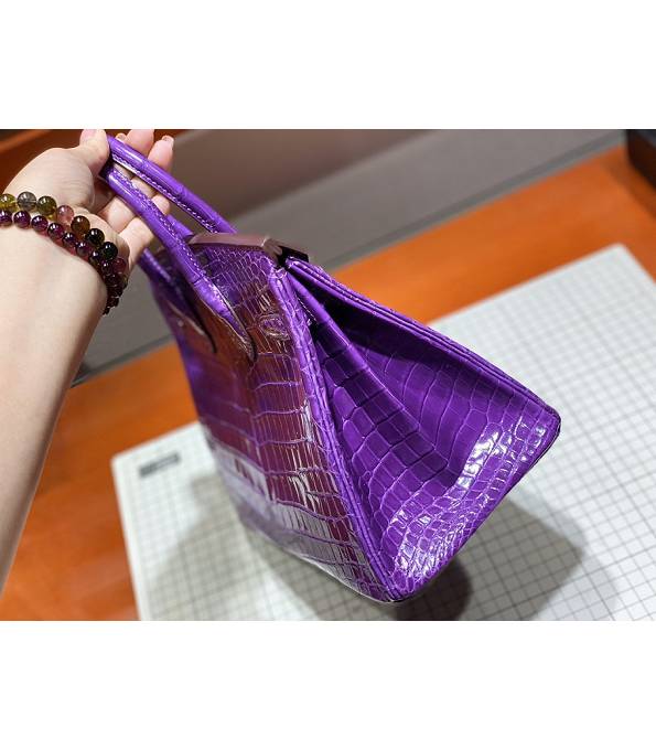 Hermes Birkin 25cm Bag Purple Real Croc Leather Golden Metal