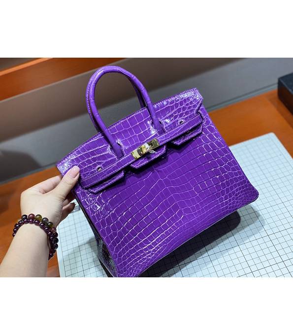 Hermes Birkin 25cm Bag Purple Real Croc Leather Golden Metal