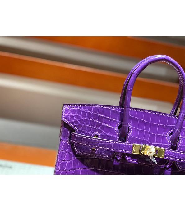 Hermes Birkin 25cm Bag Purple Real Croc Leather Golden Metal