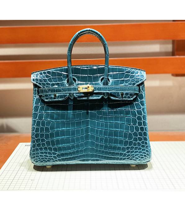 Hermes Birkin 25cm Bag Peacock Blue Real Croc Leather Golden Metal