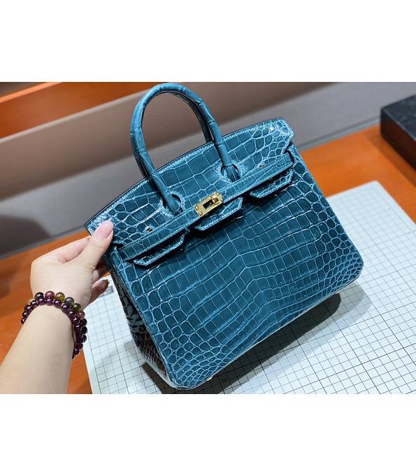 Hermes Birkin 25cm Bag Peacock Blue Real Croc Leather Golden Metal