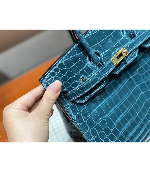 Hermes Birkin 25cm Bag Peacock Blue Real Croc Leather Golden Metal