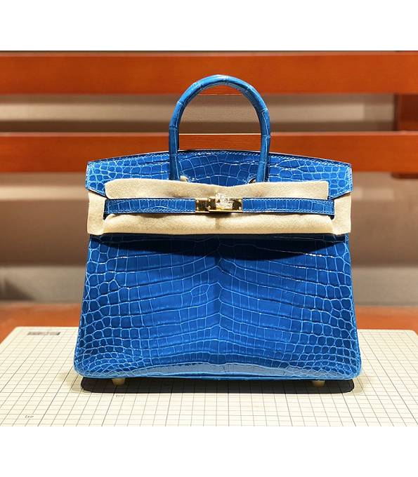 Hermes Birkin 25cm Bag Hydra Blue Real Croc Leather Golden Metal