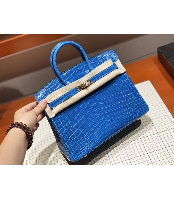 Hermes Birkin 25cm Bag Hydra Blue Real Croc Leather Golden Metal