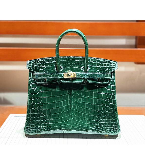 Hermes Birkin 25cm Bag Dark Green Real Croc Leather Golden Metal