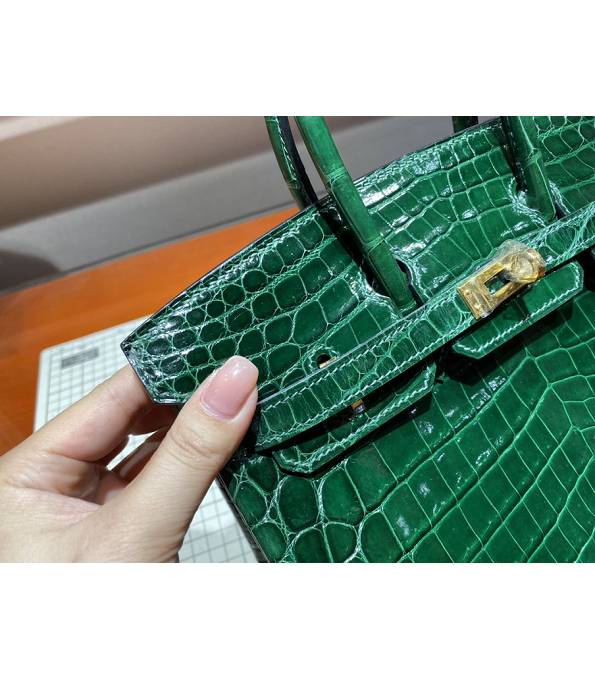 Hermes Birkin 25cm Bag Dark Green Real Croc Leather Golden Metal