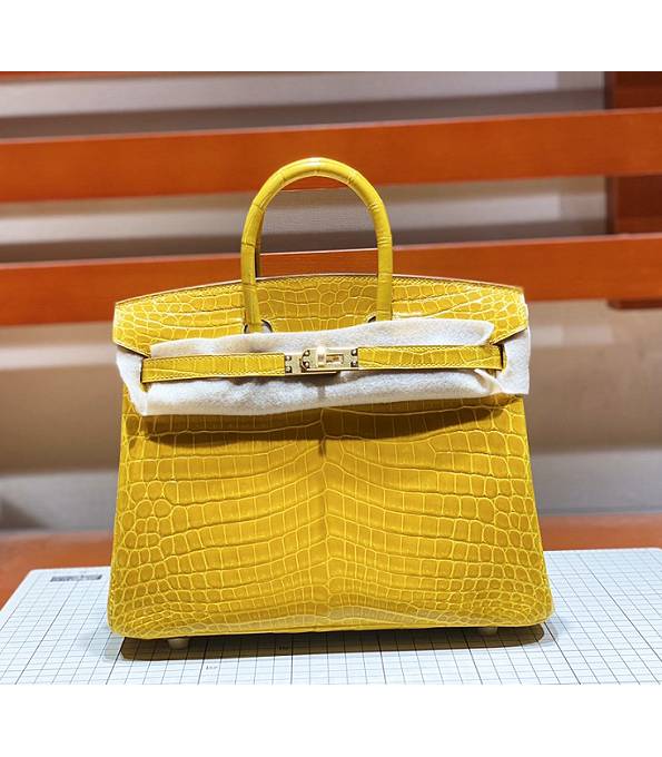 Hermes Birkin 25cm Bag Amber Yellow Real Croc Leather Golden Metal