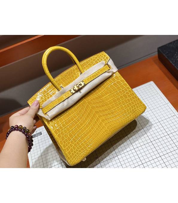 Hermes Birkin 25cm Bag Amber Yellow Real Croc Leather Golden Metal