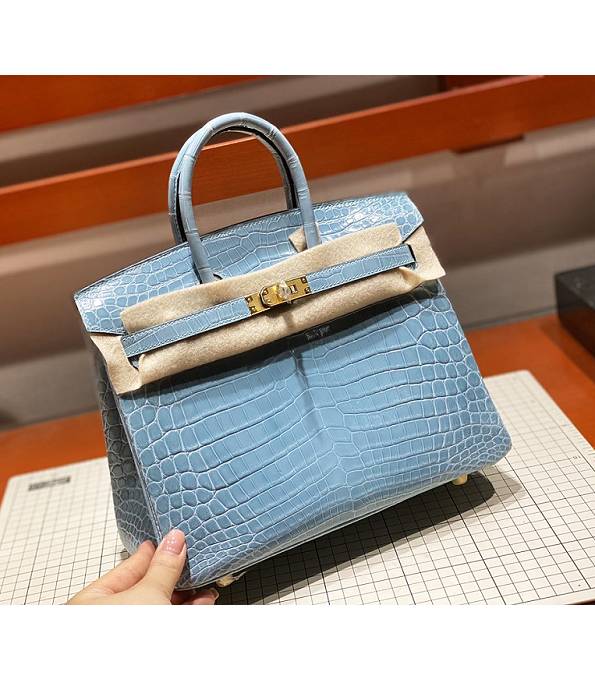 Hermes Birkin 25cm Bag Sky Blue Real Croc Leather Golden Metal