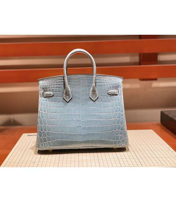 Hermes Birkin 25cm Bag Sky Blue Real Croc Leather Golden Metal