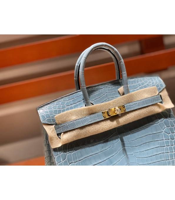 Hermes Birkin 25cm Bag Sky Blue Real Croc Leather Golden Metal