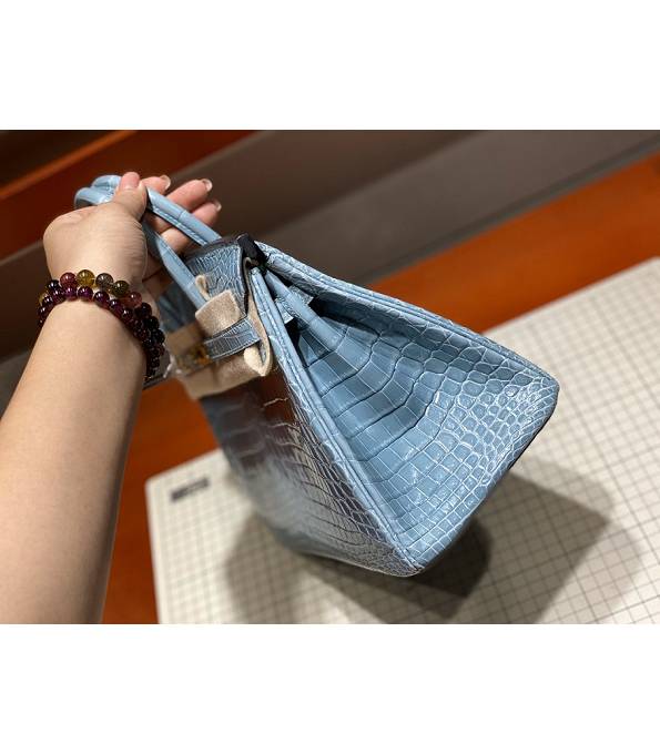 Hermes Birkin 25cm Bag Sky Blue Real Croc Leather Golden Metal