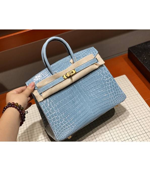 Hermes Birkin 25cm Bag Sky Blue Real Croc Leather Golden Metal