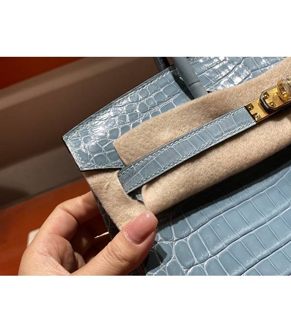 Hermes Birkin 25cm Bag Sky Blue Real Croc Leather Golden Metal