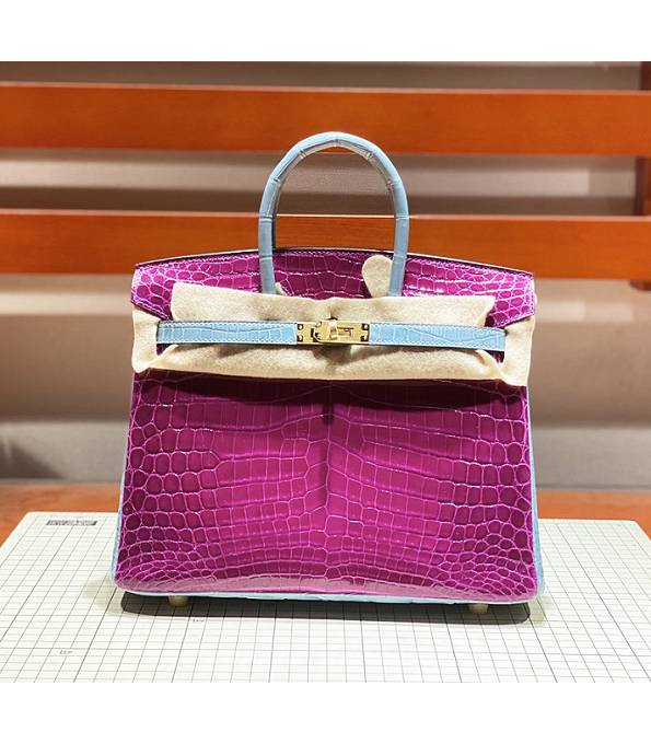 Hermes Birkin 25cm Bag Fuchsia/Dark Blue Real Croc Leather Golden Metal