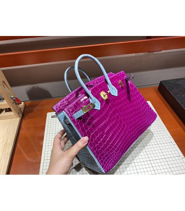 Hermes Birkin 25cm Bag Fuchsia/Dark Blue Real Croc Leather Golden Metal