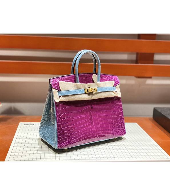 Hermes Birkin 25cm Bag Fuchsia/Dark Blue Real Croc Leather Golden Metal