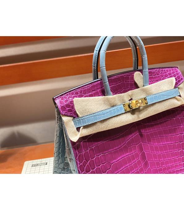 Hermes Birkin 25cm Bag Fuchsia/Dark Blue Real Croc Leather Golden Metal