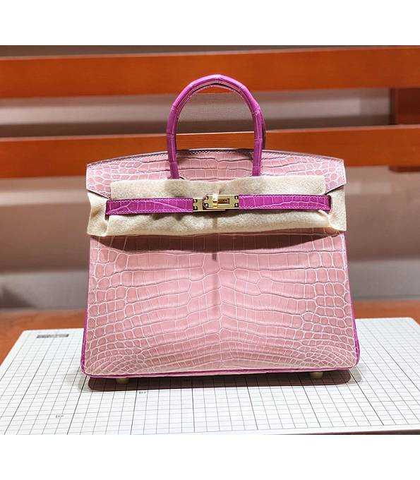 Hermes Birkin 25cm Bag Pink/Purple Real Croc Leather Golden Metal