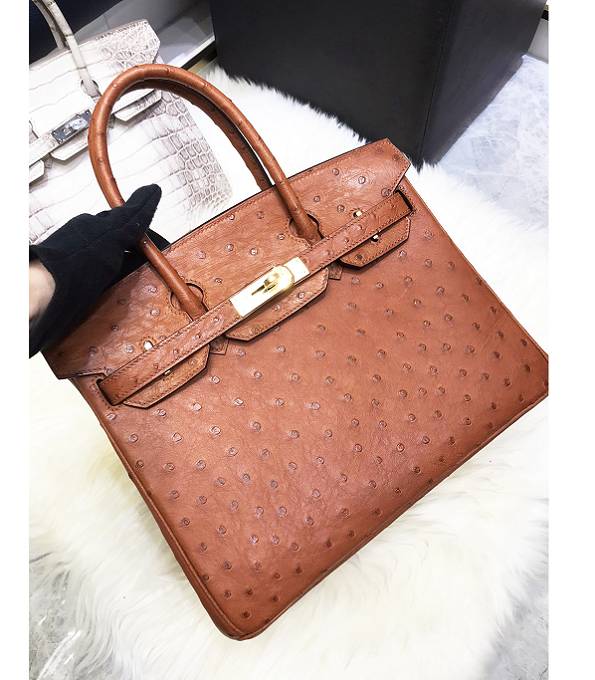 Hermes Birkin 30cm Bag Golden Brown Real Ostrich Leather Golden Metal