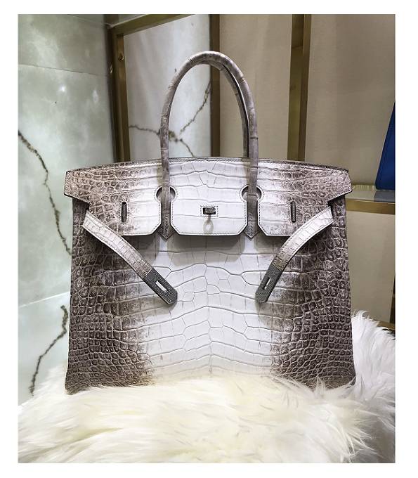 Hermes Birkin 35cm Bag White/Grey Real Croc Leather Silver Metal