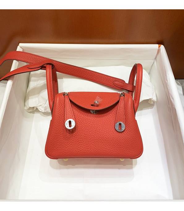 Hermes Mini Lindy 18cm Bag Red Original Togo Calfskin Leather Silver Metal