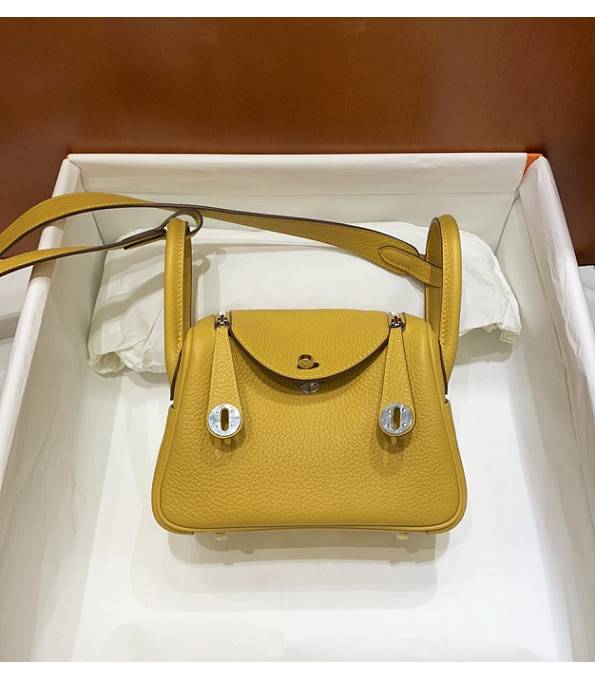 Hermes Mini Lindy 18cm Bag Amber Yellow Original Togo Calfskin Leather Silver Metal