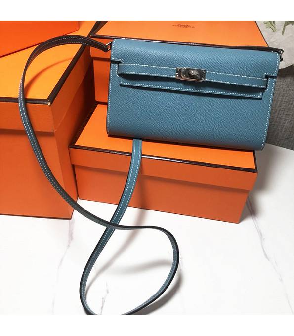 Hermes Kelly Woc Classique Denim Blue Original Palm Veins Leather Silver Metal To Go Wallet