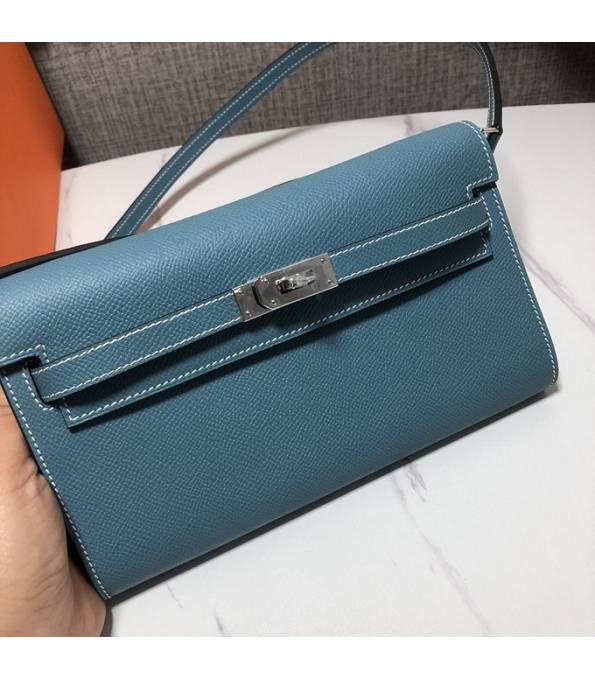 Hermes Kelly Woc Classique Denim Blue Original Palm Veins Leather Silver Metal To Go Wallet