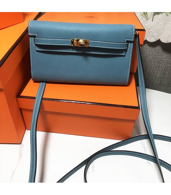 Hermes Kelly Woc Classique Denim Blue Original Palm Veins Leather Golden Metal To Go Wallet