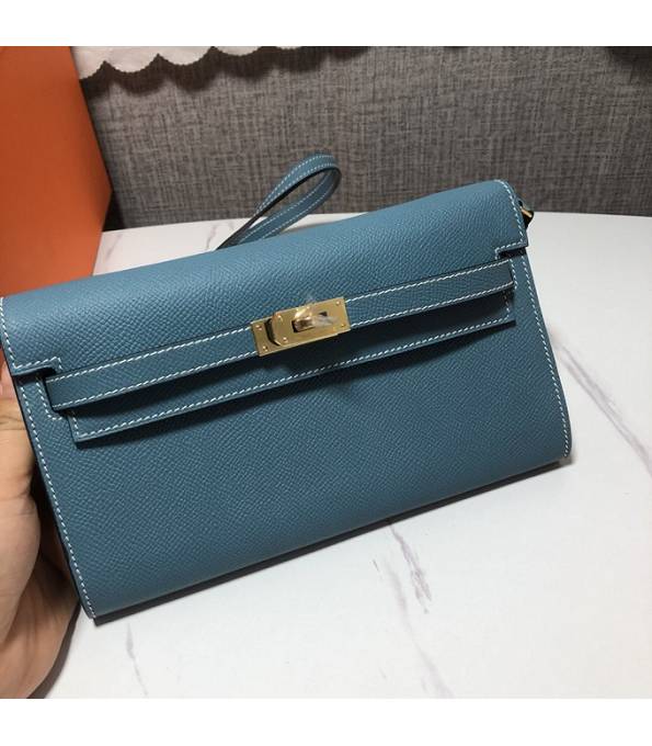 Hermes Kelly Woc Classique Denim Blue Original Palm Veins Leather Golden Metal To Go Wallet